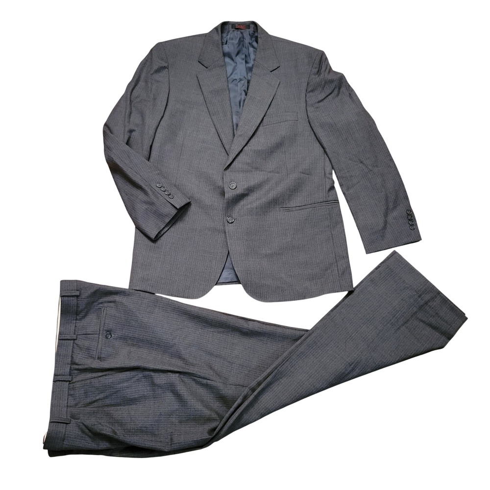 Yorkshire Square 43R Suit Chalk Stripe Grey Wool Pleated Pants Blazer Jacket Vtg